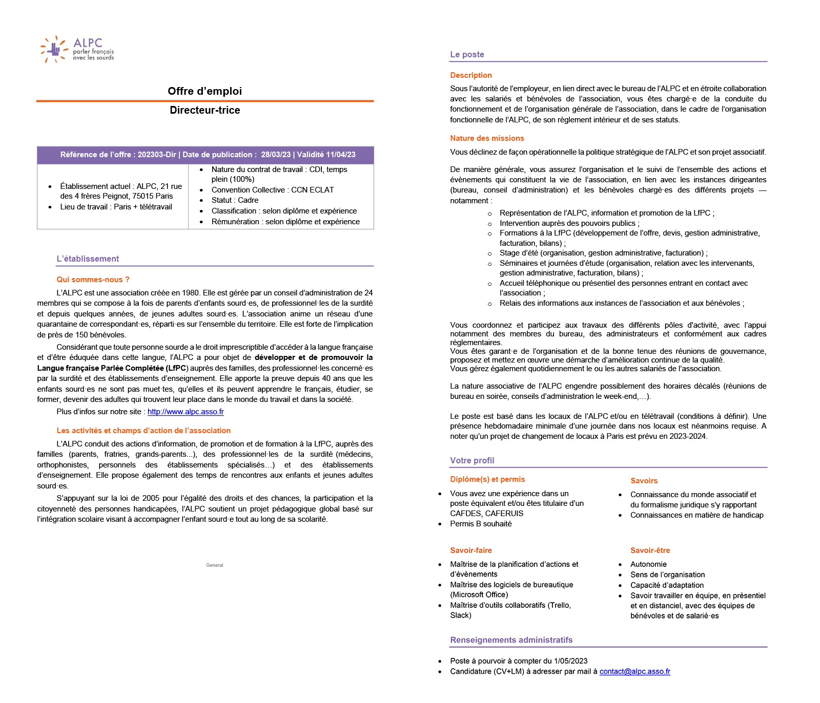 L'ALPC recrute son.sa directeur.trice ! - ALPC