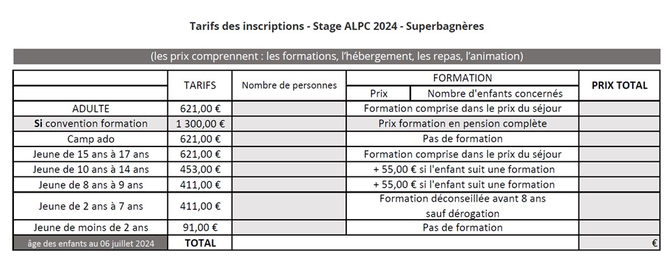 Tarifs Stage ALPC 2024 - Superbagnères Pyrénées